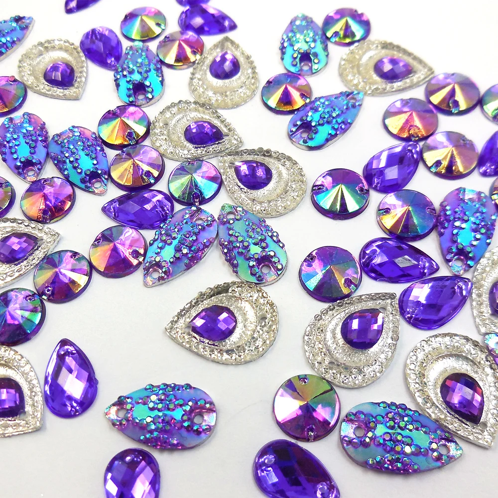 

MIxed Shapes 340ps Purple Sew On Diy Crafts AB Rhinestones Round Drop Bead Designer Patches Sewing Stones For Decoration Costume
