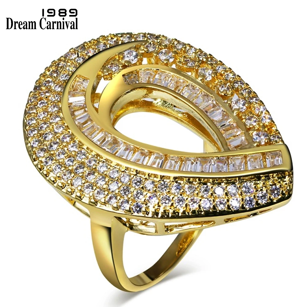 

Dreamcarnival 1989 Luxury Costumes Jewelry Big Water Drop Elegant Evening Party Rings for Women Gold Color Hollow Anillos Mujer