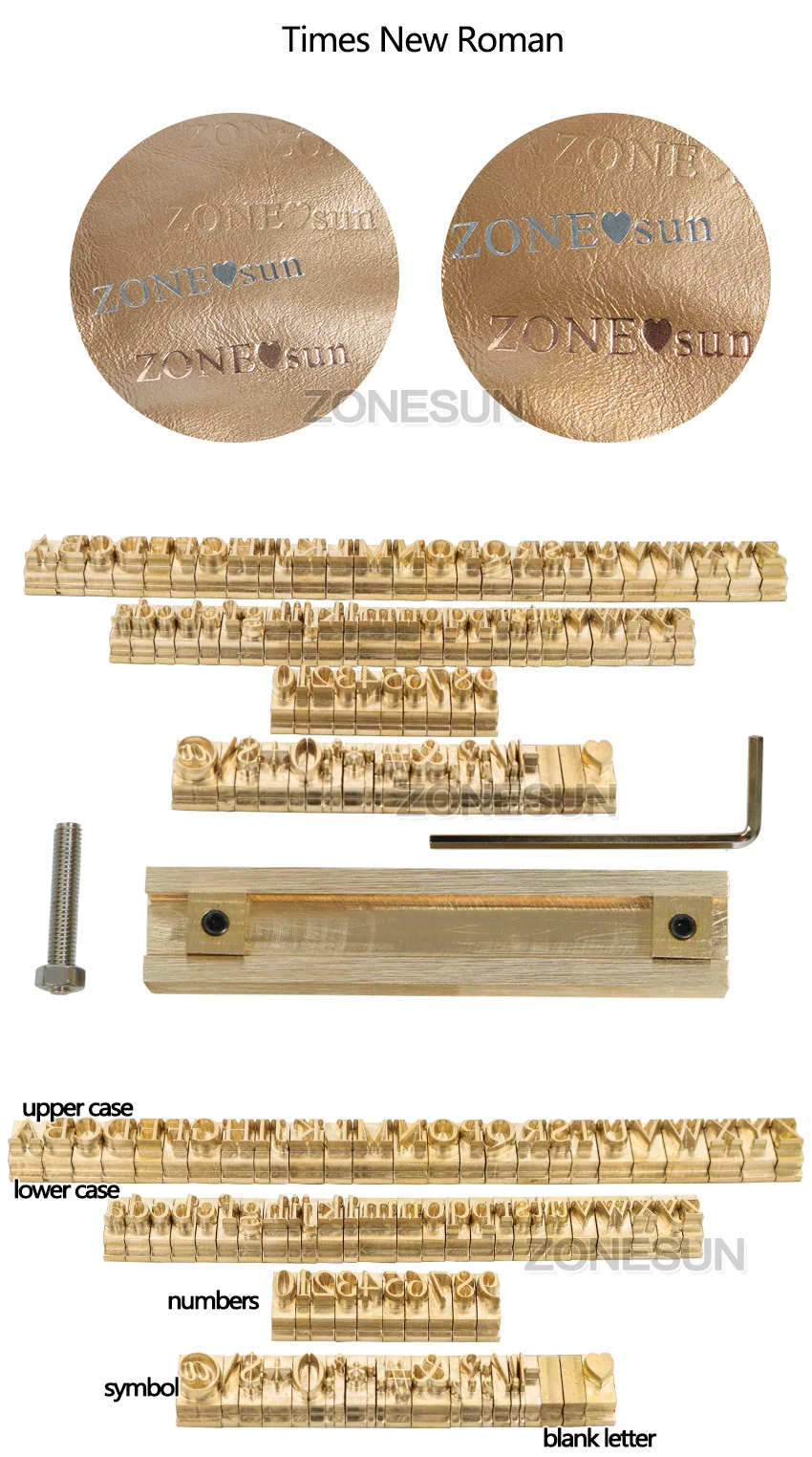 Zonesun t-slot latão fontes letras debossed molde