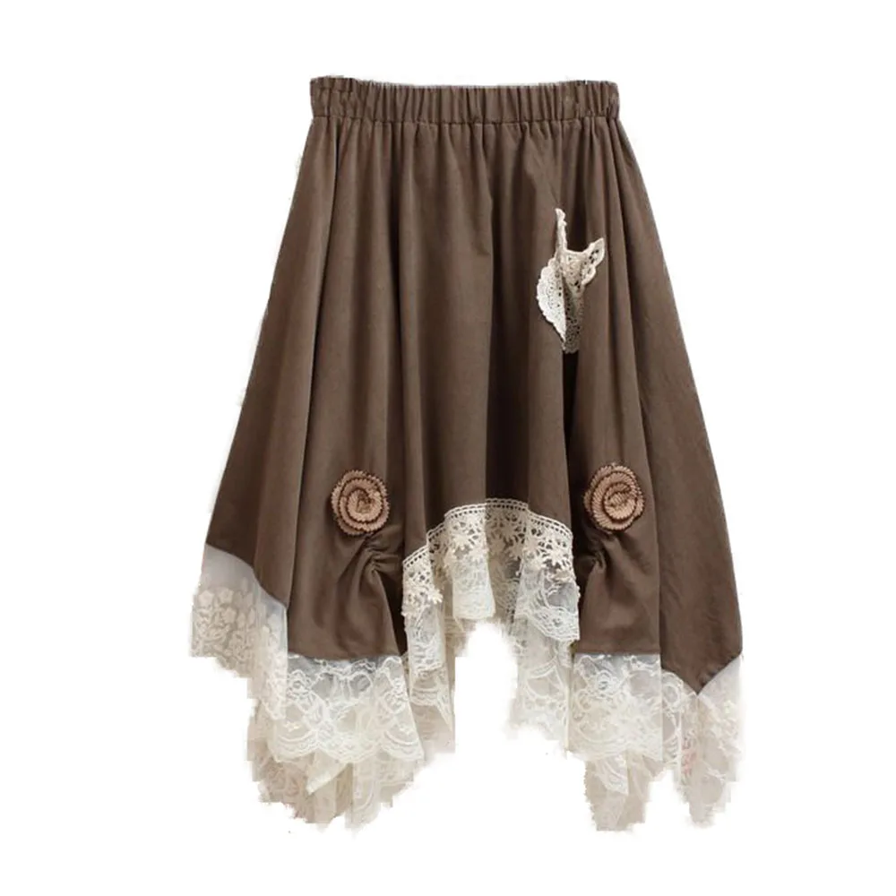 Японский Мори девушка весна Винтаж Вельветовая юбка для женщин Ретро до середины икры Harajuku Эластичный пояс Леди прекрасный кружевной подол юбки Y03697