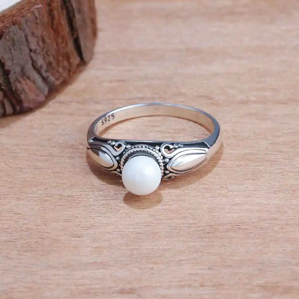 New Women Solid 925 Sterling Silver Rings Vintage Pattern with Simulated Pearl Jewelry Rings Gift For Girls JewelOra RI102755