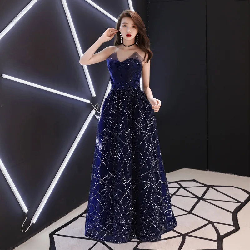 

Navy Blue Sequins Chinese Oriental Wedding Female Off Shoulder Cheongsam Vintage Evening Dress Elegant Celebrity Banquet Dresses