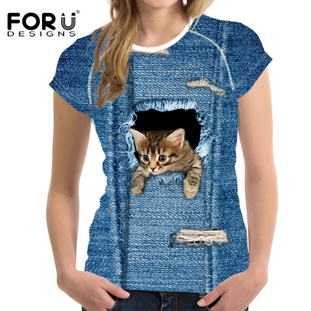 FORUDESIGNS Harajuku 3D Jeans Cat T Shirt Women Brand 