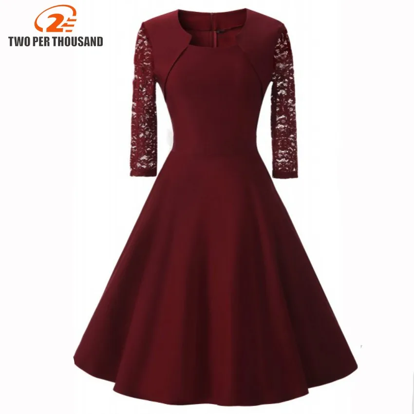 

Two Per Thousand Vintage Three-Quarter Sleeve Lace Dress Women Autumn Elegant Lady Retro Burgundy Tunic Stretch Swing Dresses