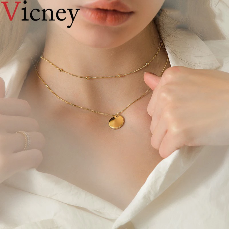 Vicney 2019 New Fashion Simple Round Pendant Double necklace women high quality Copper Alloy Short Neck Chain Necklace jewelry | Украшения
