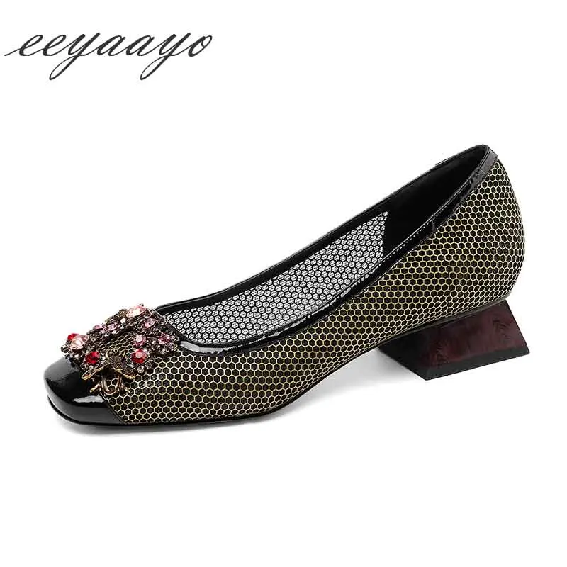 

2019 New Spring/Autumn Genuine Leather Women Pumps Middle Heel Square Toe Metal Crystal Fashion Party Evening Women Shoes
