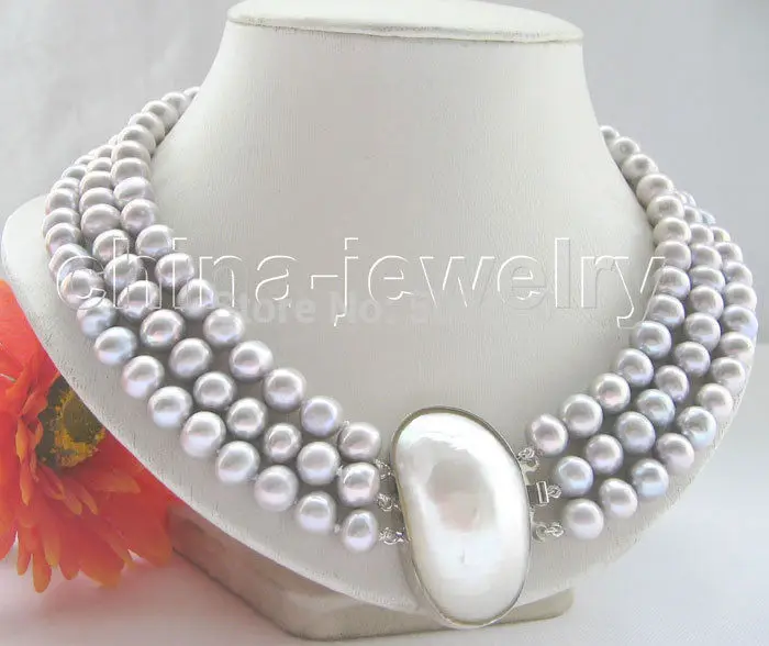

Free Shipping Beautiful 17-19" 3row 9mm gray round freshwater pearl necklace - shell clasp