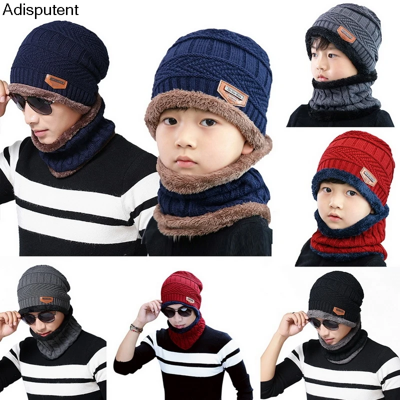 

MoneRffi Winter 2-Pieces Beanie Hat Scarf Set Warm Knit Thick wool Lined Cap Scarf For Men Women child 2019 new fashion