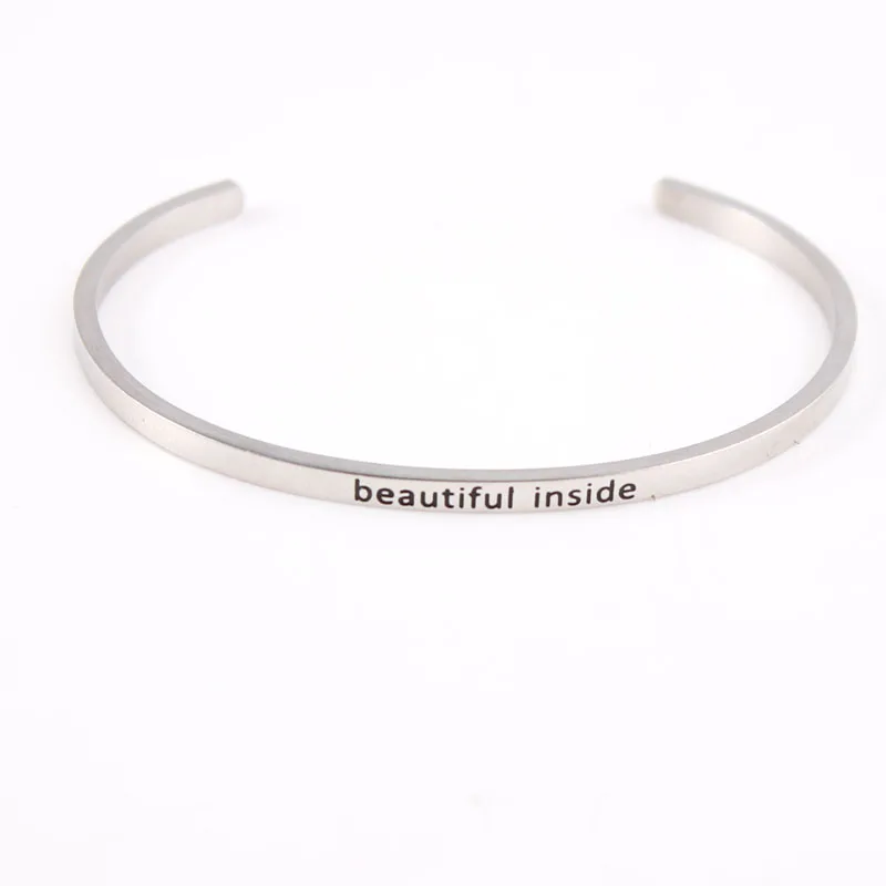 

Stainless Steel Engraved "beautiful inside"Inspirational Quotes Bangle Bar Mantra Love Bracelets For Women Men Cuff Bracelets