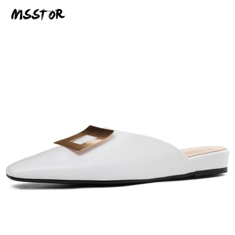 

MSSTOR Square Toe Flat Mules White Genuine Leather Casual Metal Decoration Shoes Women 2019 Outdoor Women Summer Slippers Wedges