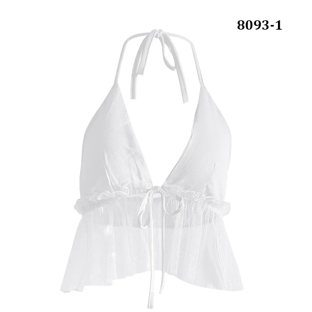 Sexy Mesh Halter Deep V-Neck Women's Laides Chiffon Solid Ruffles 8 Colors Tops Tees Tanks Camis Vests - Цвет: White