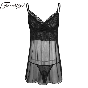 

Sissy Gay Sexy String Homme Underwear 2Pcs Mens Lingerie Sheer Mesh Wetlook See-through Mini Dress with G-string Nightwear Set