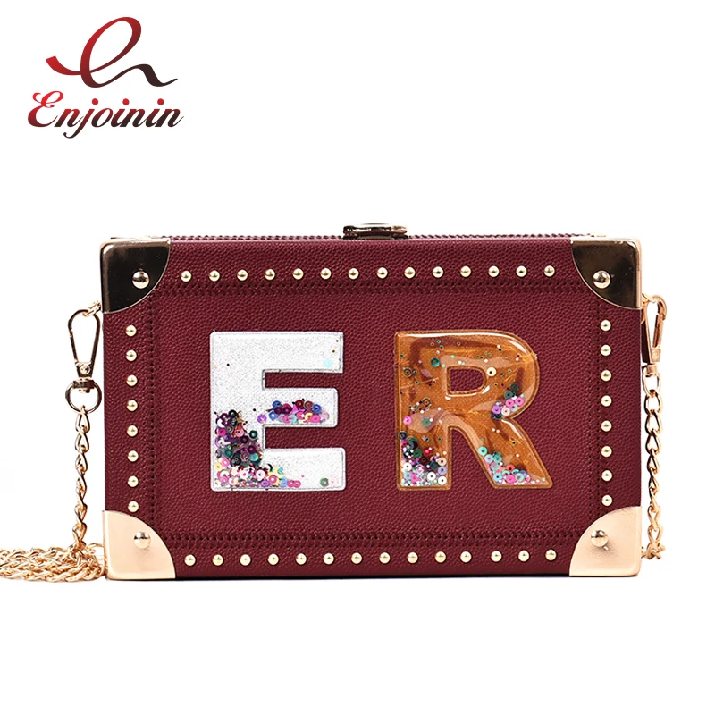 

Trendy Letter Design Metal Corner Pu Box Style Ladies Clutch Bag Chain Purse Shoulder Bag Tote Crossbody Mini Bag Female Bolsa