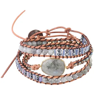 

New Bohemia Multi-layer Bracelet Natural Labradorite Charm Bracelet Flash Stone Beaded Bracelet Ethnic Women Long Wrap Bracelet