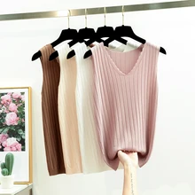 Summer Sleeveless Women Tank Top High Elasticity Knitted Ice Silk Top Fashion Ribbed Knitwear Sweater Vest Cozy Female Tee Shirt ribbed asymmetrical openwork knitwear