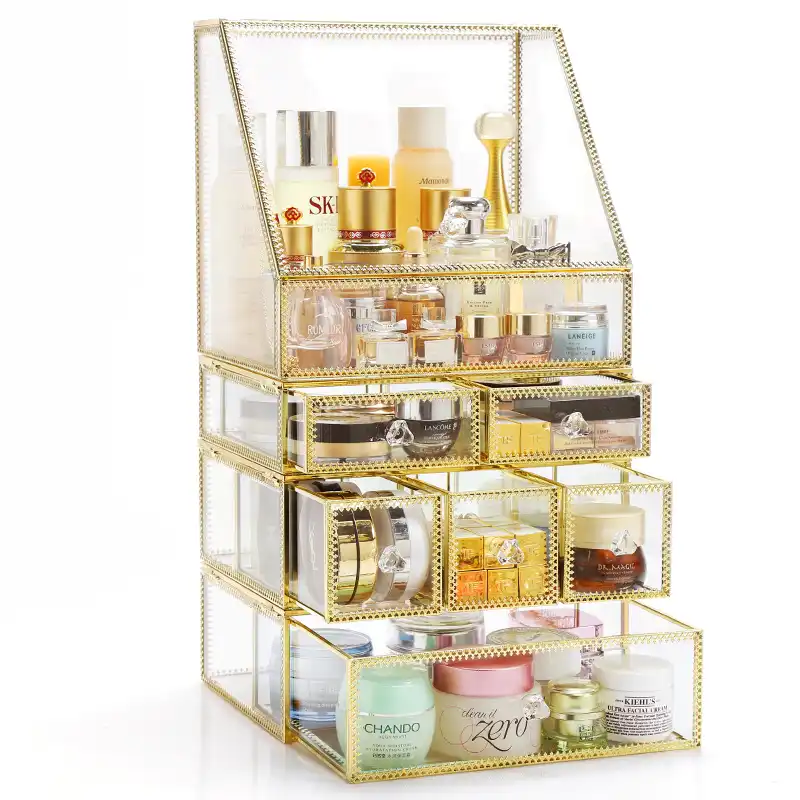 Anfei Glass And Metal Makeup Organizer With Drawer And Lid High