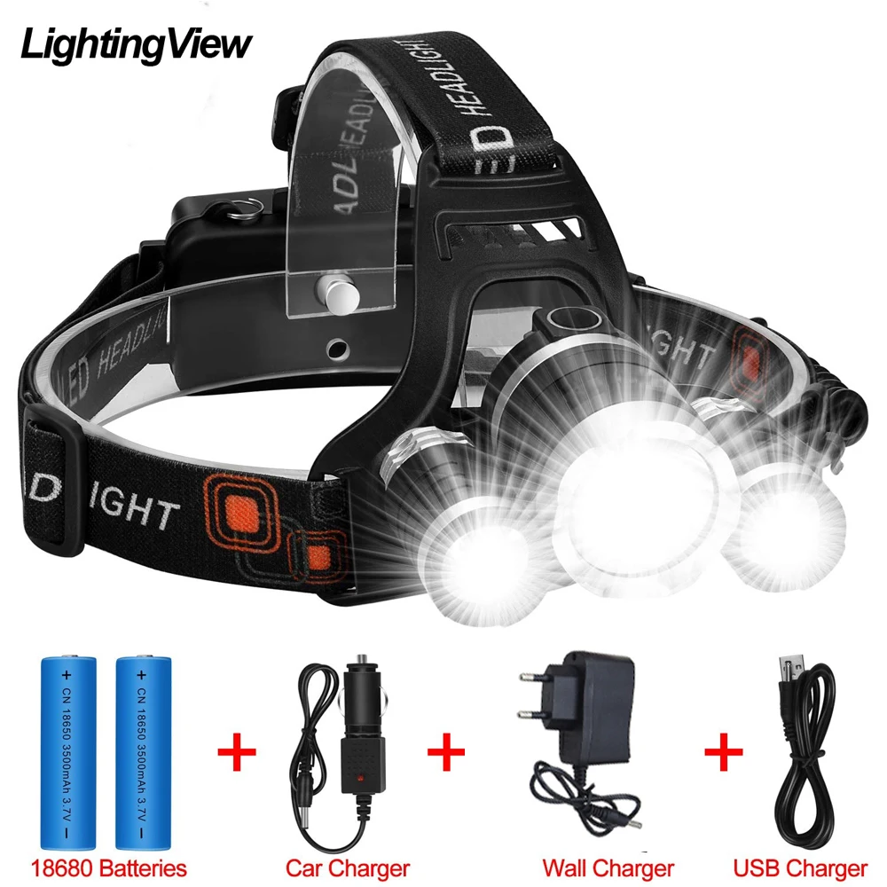 

Lightingview Super Bright Headlamp 3xT6 LED Headlight 10000 Lumens Fishing Lamp 4 Modes Lighting Camping with 18650 Battery