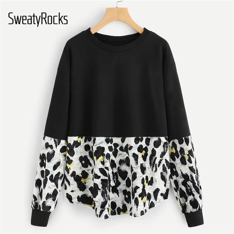 

SweatyRocks Contrast Panel Leopard Print Sweatshirt Long Sleeve Pullovers Tops 2018 Autumn Women Clothing Casual Sweatshirts