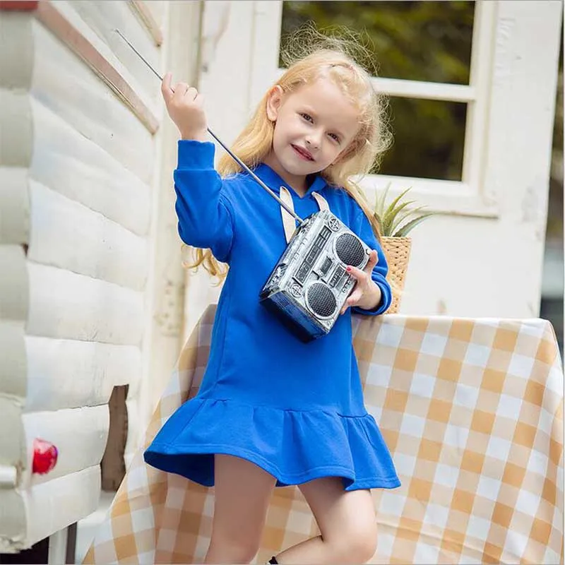 

Spring Autumn New Style Girl's Dress Blue Long Sleeve Children's Dress Fashion Casual Sport Hooded Sweater Dress