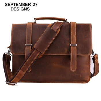 

Genuine Leather Men Briefcase Bags Crazy Horse Leather Large Capacity Laptop Bag Vintage Male Business Shoulder Crossbody Bag