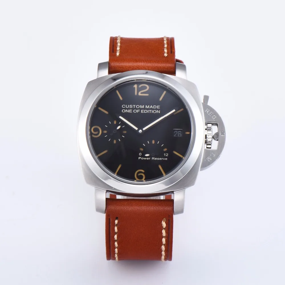 

wristwatch parnis 2530 automatic men watch 42mm black dial power reserve leather strap U3