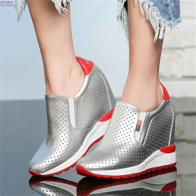 

Breathable Trainers Women Cow Leather High Heels Party Tennis Shoes Med Top Wedges Platform Evening Pumps Summer Sandals Shoes