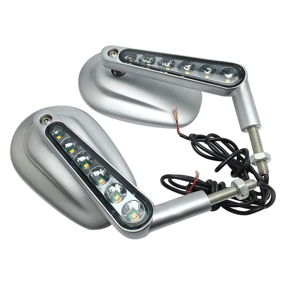 Silver Motorcycle Mirror Muscle LED Turn Signals Light Moto Rearview