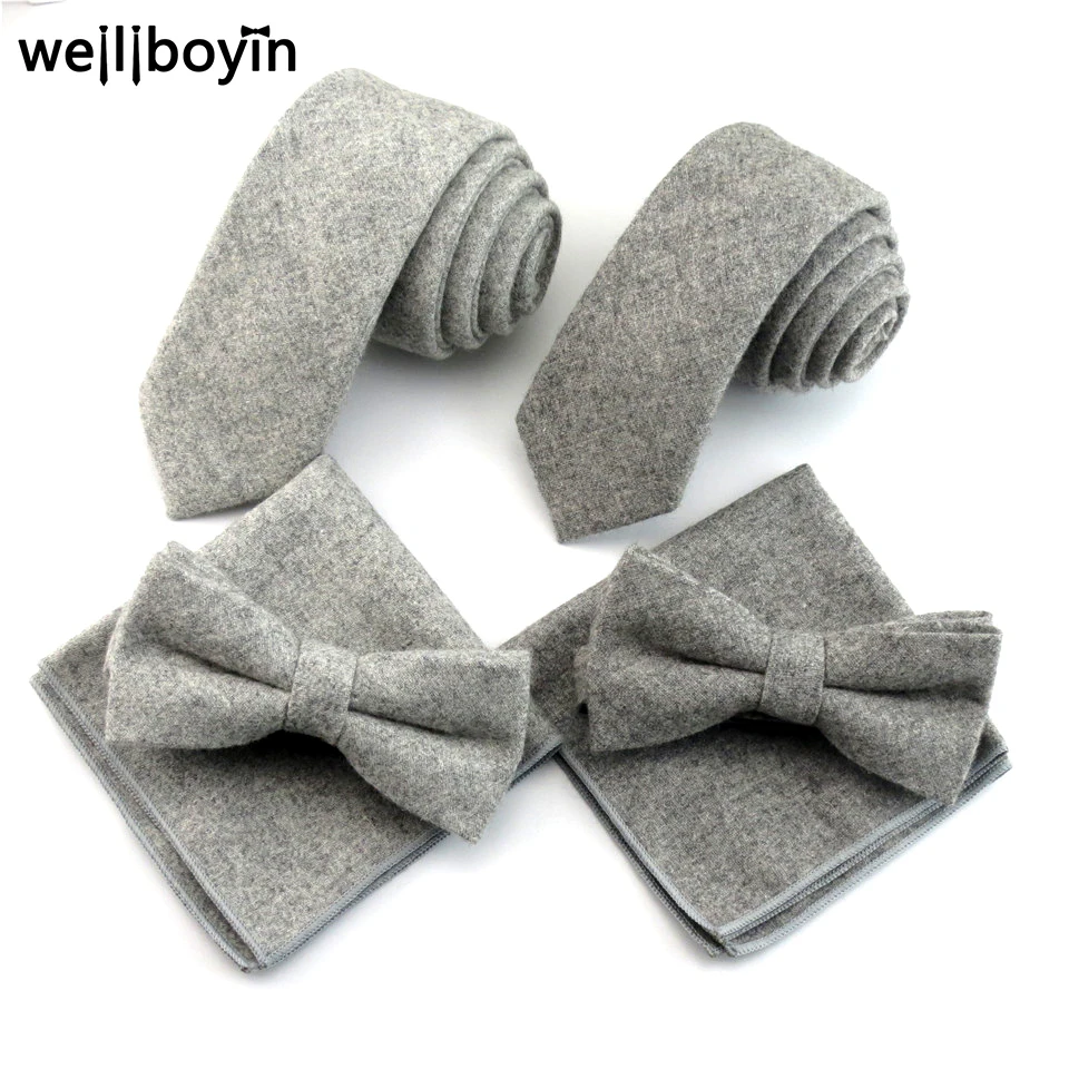 

Solid Gray Tie Set 100% Wool Men's Necktie Bowtie Handkerchief Pocket Square Narrow Ties For Men Suit Shirt Gravata Slim 6cm