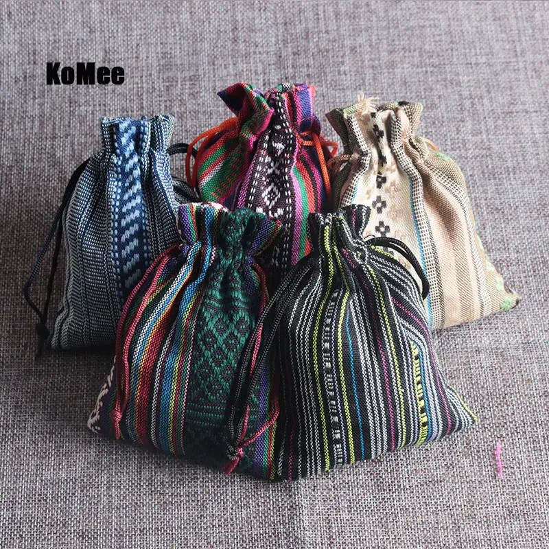 

New Pouches 50Pcs Multi Colors Stripe Tribal Tribe Drawstring Jewelry Gift Bags Cotton Cloth Chinese Ethnic Style 9x13cm