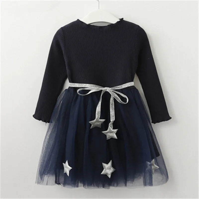 

Lollas 2018 New Girls Dress Pentagram Princess Dress Girls Clothes Long Sleeve Children Clothing Girls Pompon Net Yarn Dresses