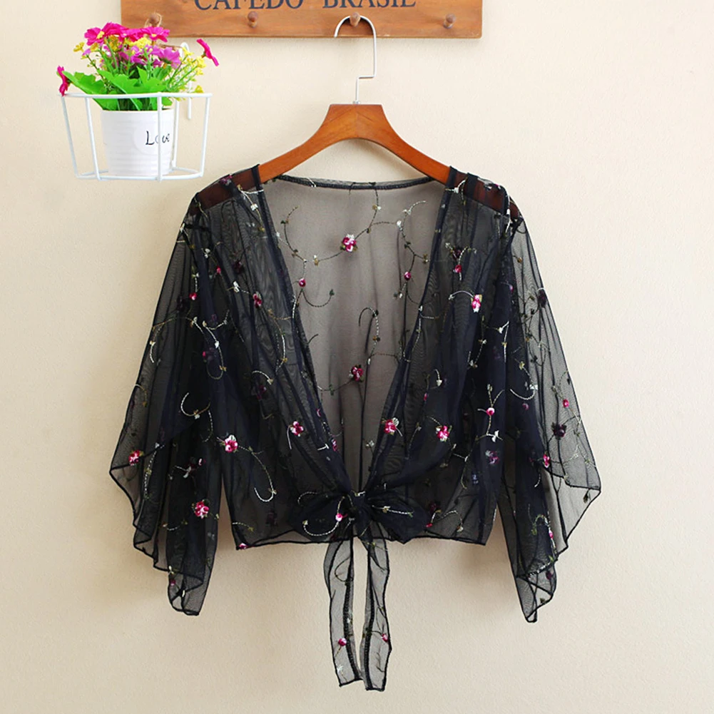 

Womens Lace Flower Embroidery Bikini Beach Wear Mesh Sheer Cover Up Ladies Blouse Chiffon Bow Small Shawl Short Beach Smock