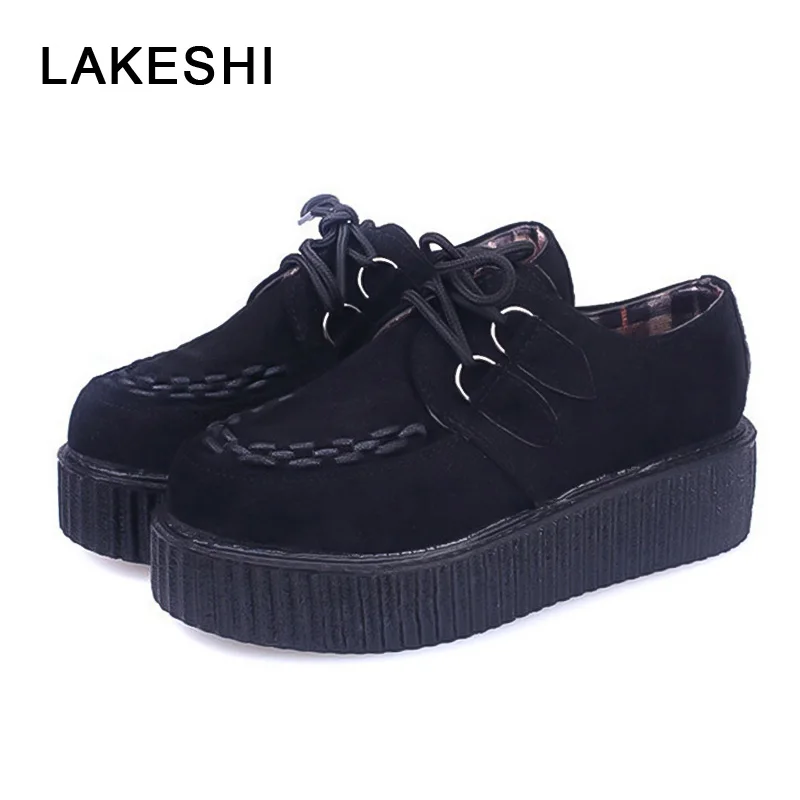 

LAKESHI Creepers Women Shoes Flat Platform Shoes Black Women Casual Shoes Lace-Up Round Toe Creepers Female Shoes Large Size