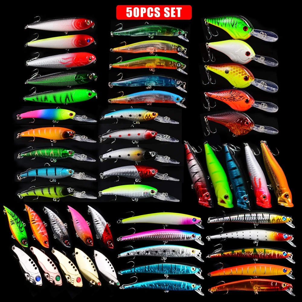 

50pcs Popper Crank Fish Fishing Lure Mix Size Hard Minnow Bait Spoon Wobbler Hard Fishing Lure Bait Set Spoon Set Top 2018 Set
