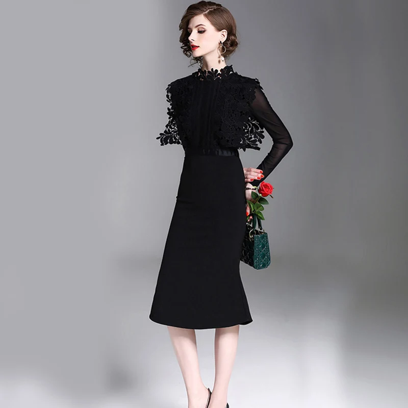 Youthreadyv 2018 Summer Dress Women Long Sleeve Black Solid Lace Midi Long Party Dress Elegant Casual Vintage Dresses Robe Femme Dresses