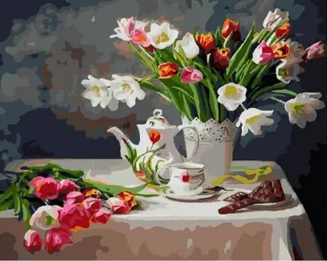 

Bouquet of Tulips on the table Framed Pictures Painting By Numbers Hand-painted Living Room Still Life Painting 40x50cm