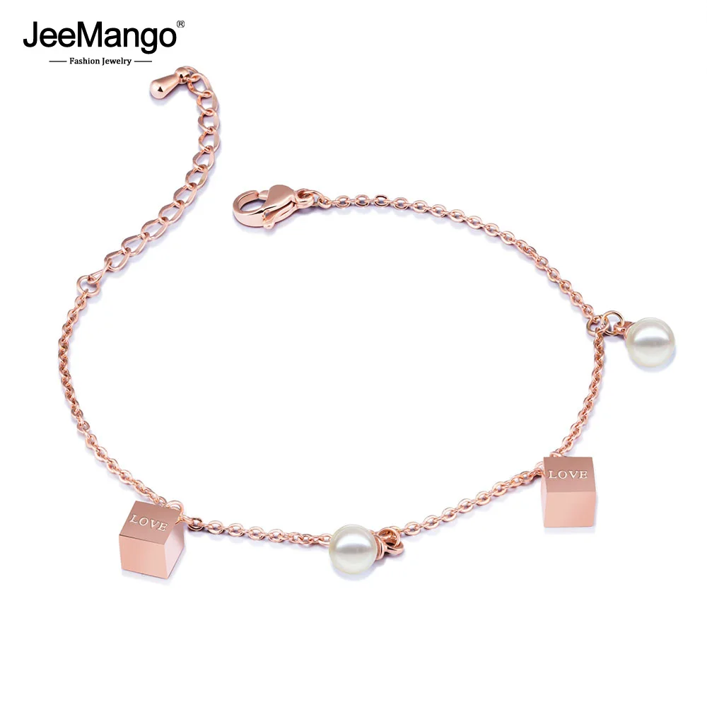 

JeeMango Trendy Rose Gold Simulated Pearl Box Charm Bracelet Stainless Steel Love Sweet Chain Link Bracelet Jewelry JOGS852