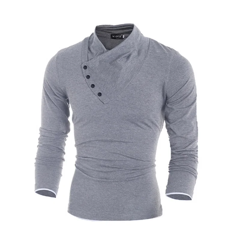 2016 New Autumn Mens Cotton Oblique Button Collar T Shirt Fashion Long Sleeve Slim Solid Stylish Casual Classical | Мужская одежда