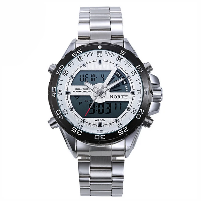 

North Brand Watch Men Luxury Sport Wrist watch Digital Quartz LED Double Movement Watch Diving Male Stainless Steel Clock 6016