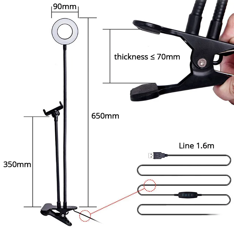  Makeup Lamp With Mobile Phone Holder Stand Long Arm Flexible Desktop Cip Bracket Photography 3 mode