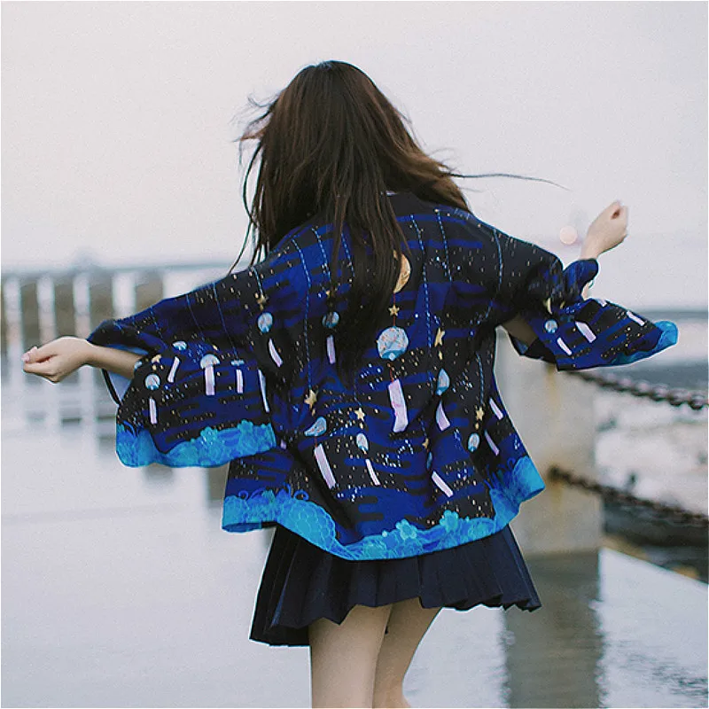Harajuku Japanese Style Kimono Men Women Cardigan Moon Traditional Japanese Clothing Asian Clothes Sun Protection shirts blouses