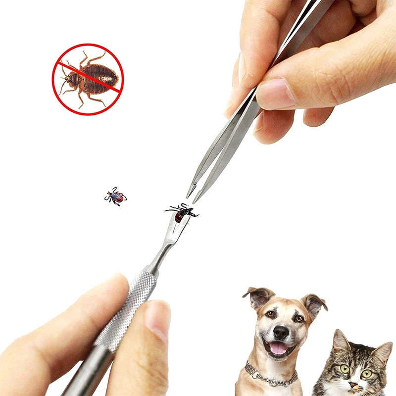 

Stainless Steel 2 in 1 Pet Flea Treatment Tick Removal Tool Set 2 in 1 Fork Tweezers Clip for Dog Cat Supplies