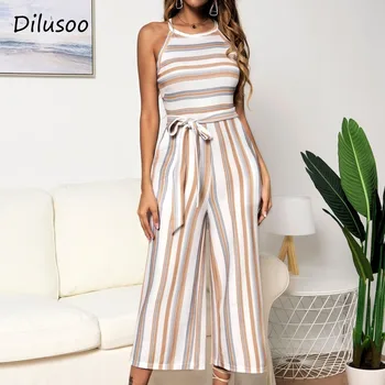 

Dilusoo Striped Print Summer Jumpsuits Women Sleeveless Bandage Loose Straight Romper Female Casual Tank Office Lady Jumpsuit