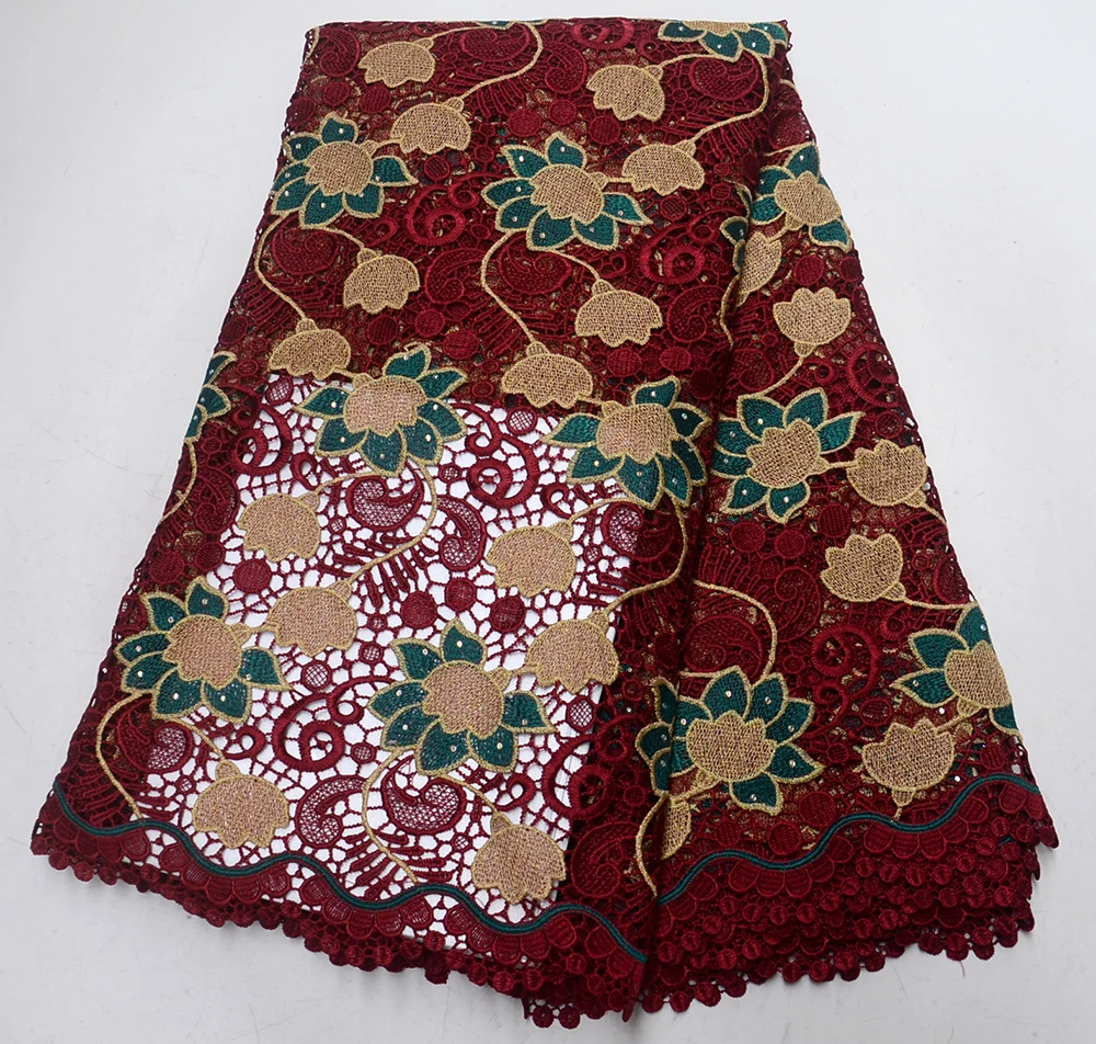 

2019 Newest Wine red Nigerian Guipure Cord Lace Fabric High Quality African Water soluble lace fabric For wedding/Party dress