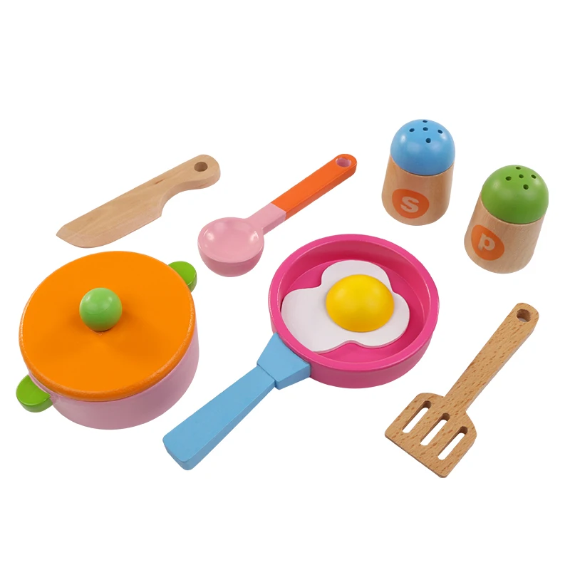 Baby 8 stücke Holz Kinder Küche Simulation Kochgeschirr Spielzeug Topf Tablett Bildung Lebensmittel Spielzeug Mädchen Geschenk