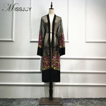 

MISSJOY Fashion ladies islamic Dresses Women Muslim kaftan Dubai kimono cardigan dress Long Sleeve Black Mesh Embroidery Abaya