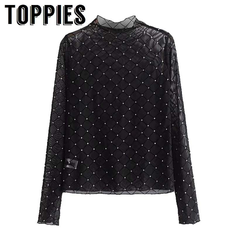 

Summer Sexy Transparent Lace Tops Plaid T-Shirt Long Sleeve Slim T-Shirt Women Black Mesh Tops