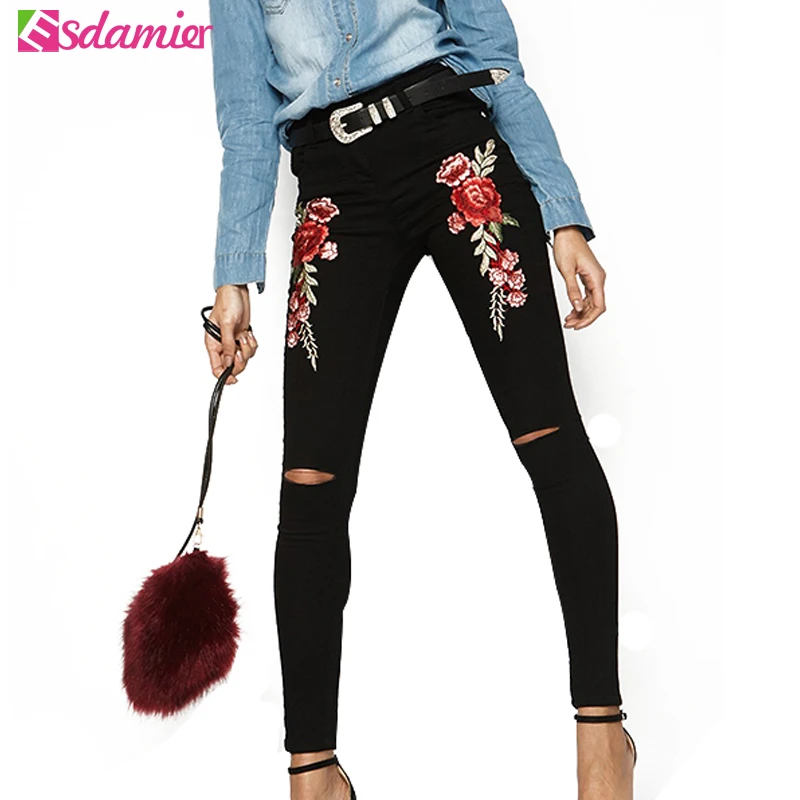 

3 Colors Flower Embroidery High Waist Jeans Skinny Hole Jeans Woman Fashion Ripped Jeans Femme Hip Lift Trousers Female Pants
