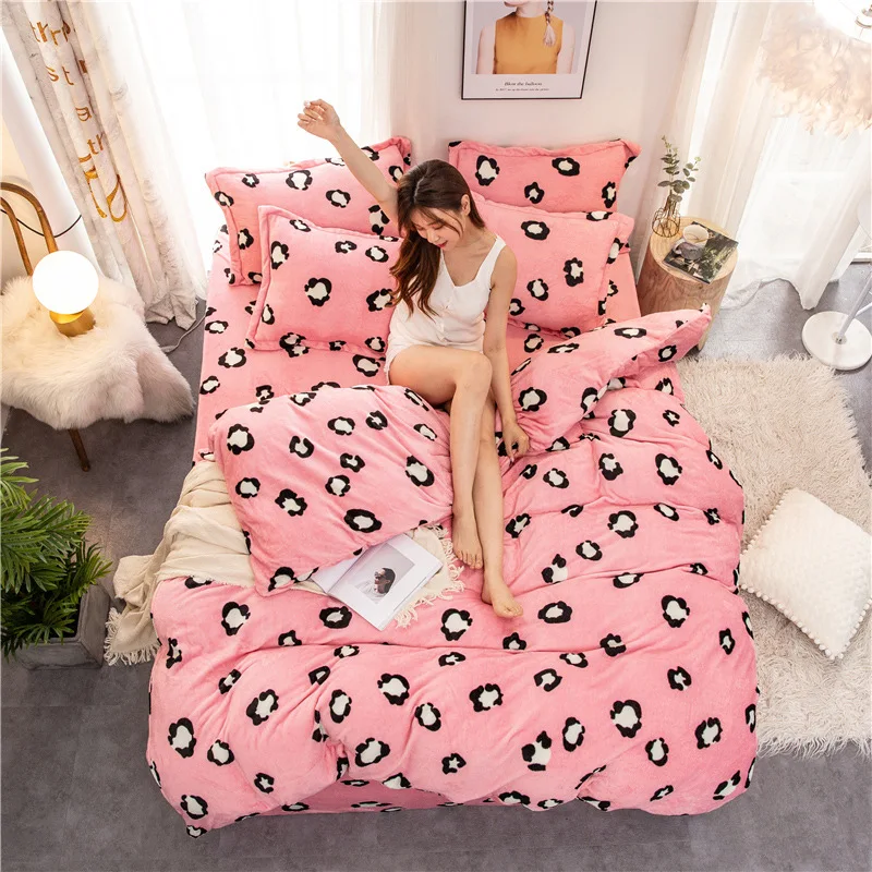 Fleece warm winter bedding heart bed duvet cover set flannel fleece bed flat sheet 3/ 4pcs home bed