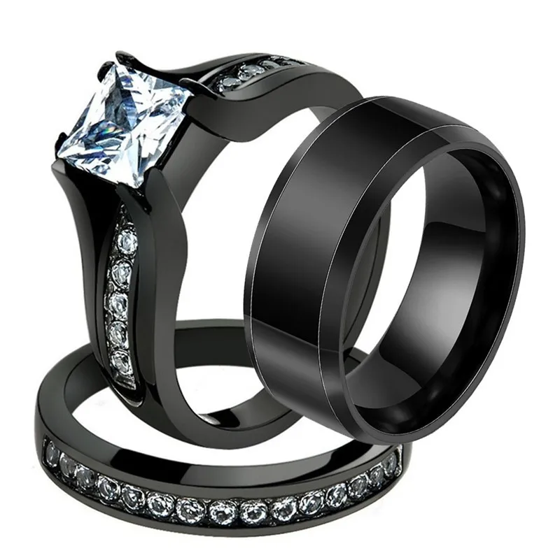 Обручальное кольцо из нержавеющей стали с кубическим цирконием для женщин и мужчин, набор колец из черного золота с кристаллами