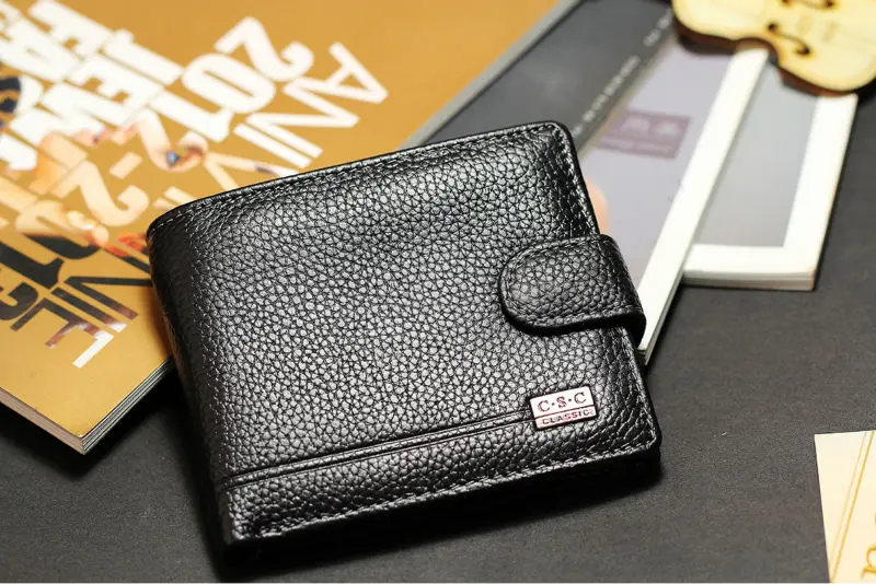 Мужские кошельки черный клатч двойного сложения из натуральной воловьей кожи